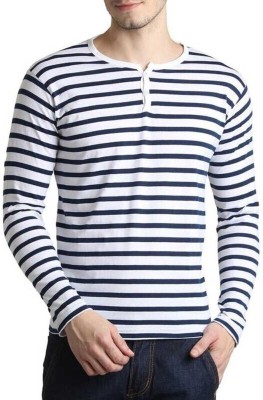 True Basket Striped Men Henley Neck White T-Shirt