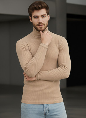 CLAfoutis Solid Men High Neck Beige T-Shirt