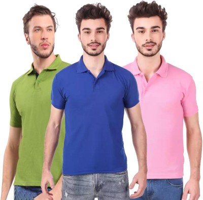 QUAZTI Solid Men Polo Neck Pink, Light Green, Dark Blue T-Shirt