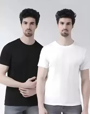 Solid Men Black, White T-Shirt(Pack of 2)