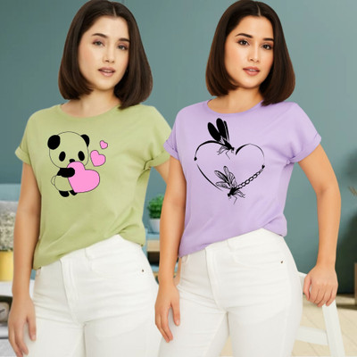 Kintu Parantu Printed Women Round Neck Green, Purple T-Shirt