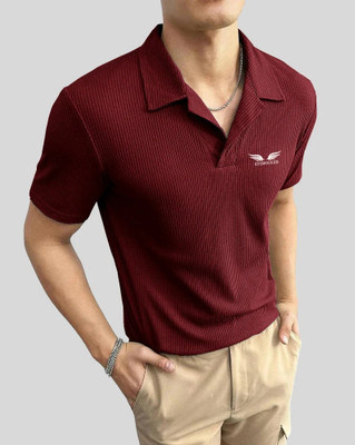 EyeBogler Self Design Men Polo Neck Red T-Shirt