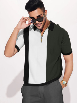 TRIPR Colorblock Men Zip Neck Multicolor T-Shirt