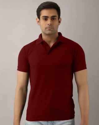 Silver Swan Solid Men Polo Neck Maroon T-Shirt