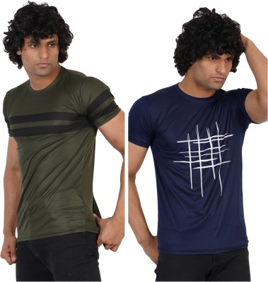 Oishee Striped Men Round Neck Dark Green, Dark Blue, Black T-Shirt