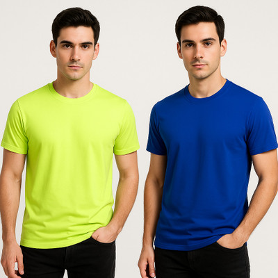 Amigos Solid Men Round Neck Light Green, Blue T-Shirt