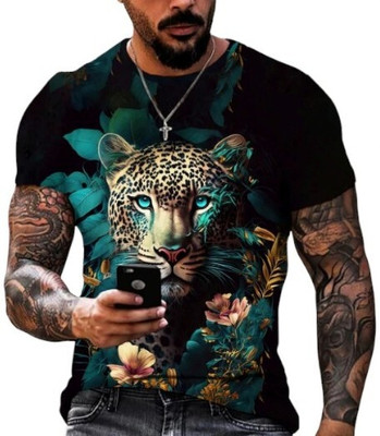 HouseOfCommon Animal Print Men Round Neck Green T-Shirt