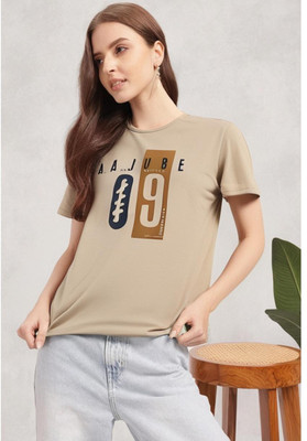 MACK JONNEY Printed Women Round Neck Beige T-Shirt