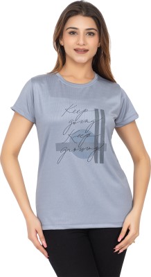 LADY LEAF Self Design Women Round Neck Grey T-Shirt