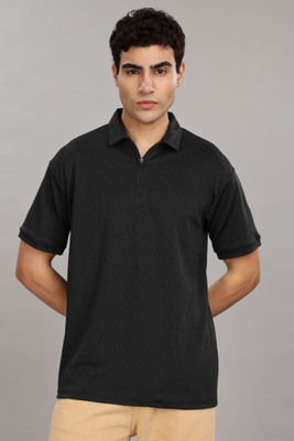 FASHLOOK Solid Men Polo Neck Black T-Shirt