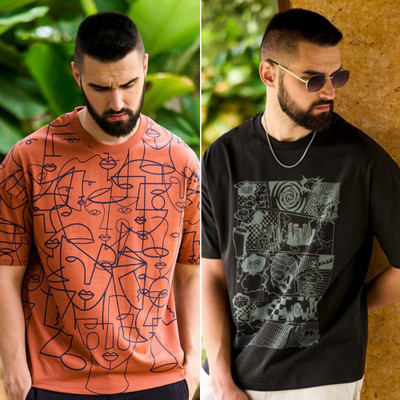 Printed Men Black T-Shirt(Pack of 2)