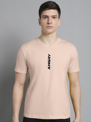 FBAR Solid Men V Neck Pink T-Shirt