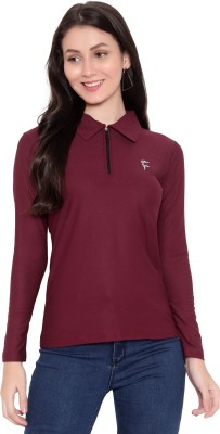 DIAZ Solid Women Polo Neck Maroon T-Shirt