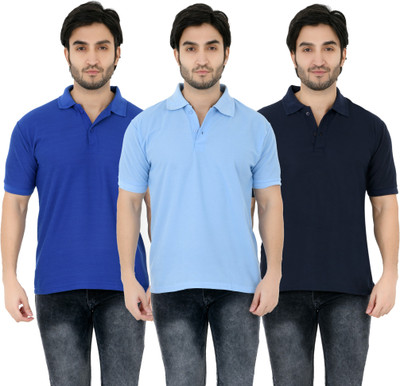 YUALIN CREATION Solid Men Polo Neck Light Blue T-Shirt