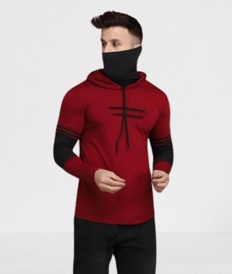 CALOYA Colorblock Men Hooded Neck Maroon, Black T-Shirt