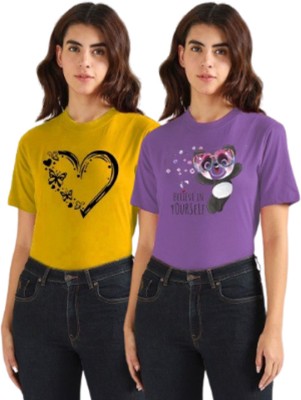 Kintu Parantu Printed Women Round Neck Purple, Yellow T-Shirt