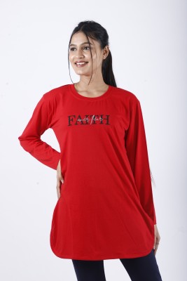 ATHNICX Typography Women Round Neck Red T-Shirt