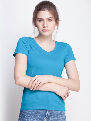 Dollar Missy Solid Women V Neck Light Blue T-Shirt