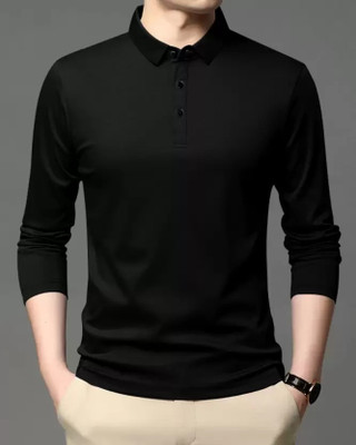 FIRST POSTION Solid Men Polo Neck Black T-Shirt