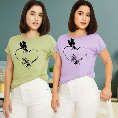 Kintu Parantu Printed Women Round Neck Green, Purple T-Shirt