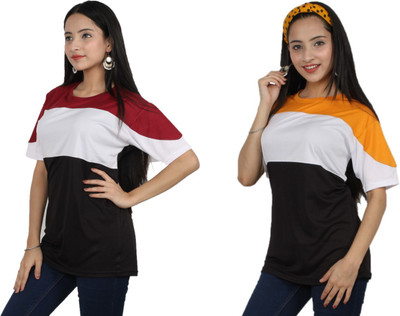TEE TREE Colorblock Women Round Neck Multicolor T-Shirt