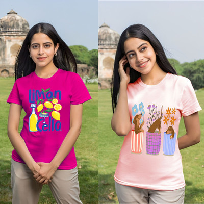 Parona Printed Women Round Neck Pink T-Shirt