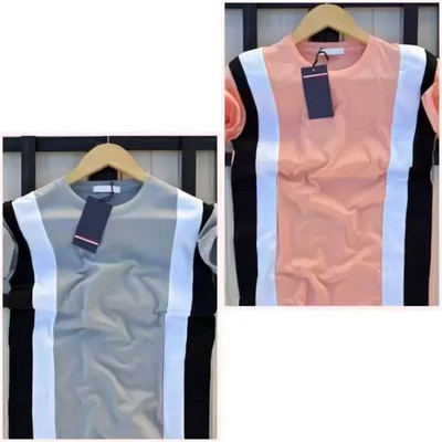 Striped Men Pink, Grey T-Shirt(Pack of 2)