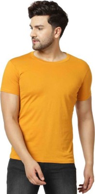 Morewill Solid Men Turtle Neck Yellow T-Shirt