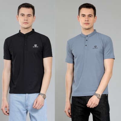We Perfect Solid Men Polo Neck Black, Grey T-Shirt