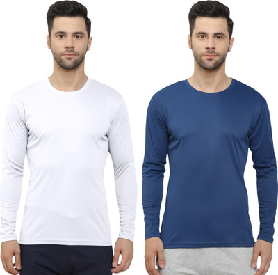 HouseOfCommon Solid Men Round Neck White, Dark Blue T-Shirt