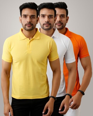 Galatea Solid Men Polo Neck Orange, White, Yellow T-Shirt