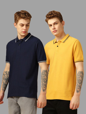 TIGERSNAKE Solid Men Polo Neck Dark Blue, Yellow T-Shirt