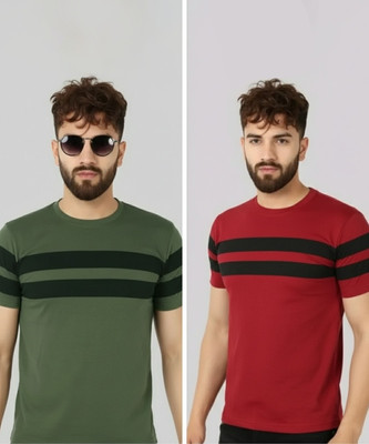 Meetri Striped Men Round Neck Dark Green, Maroon T-Shirt