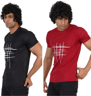 TEE TREE Printed Men Round Neck Black, Maroon T-Shirt