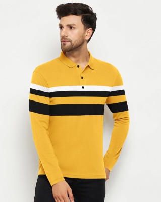 HouseOfCommon Striped Men Polo Neck Yellow T-Shirt