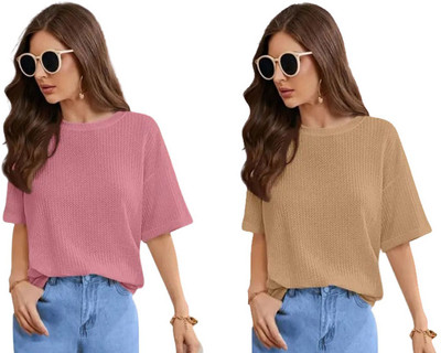 SriSaras Solid Women Round Neck Beige, Pink T-Shirt