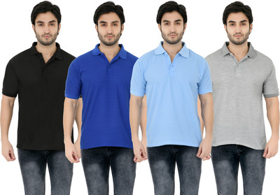 YUALIN CREATION Solid Men Polo Neck Light Blue T-Shirt