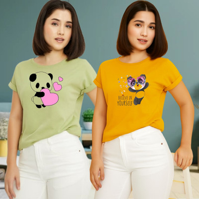 Kintu Parantu Printed Women Round Neck Green, Yellow T-Shirt