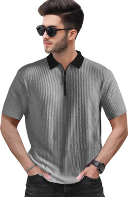 HOODLER Self Design Men Polo Neck Grey T-Shirt