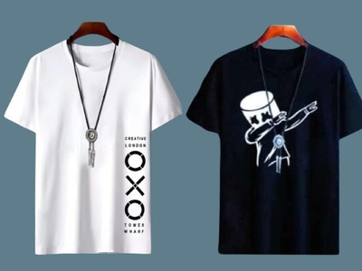 Printed Men Black, White T-Shirt(Pack of 2)