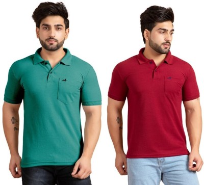 addiz Solid Men Polo Neck Green, Maroon T-Shirt