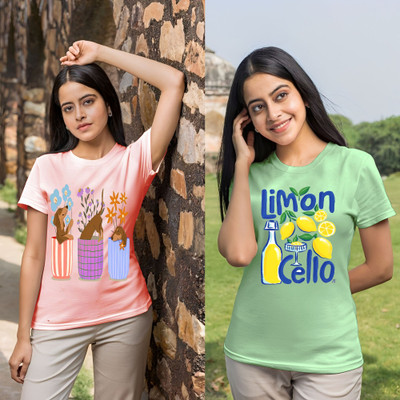 Lecowar Printed Women Round Neck Pink, Green T-Shirt