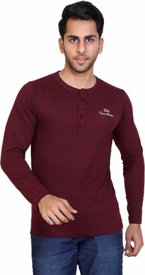 Classic Martino Self Design Men Henley Neck Maroon T-Shirt