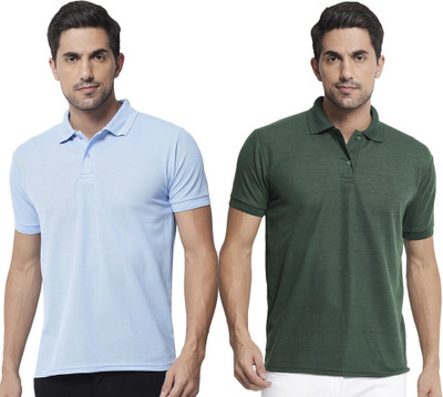 ACENTEO Solid Men Polo Neck Dark Green, Light Blue T-Shirt