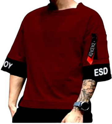 TARSHI Printed Men Round Neck Maroon T-Shirt