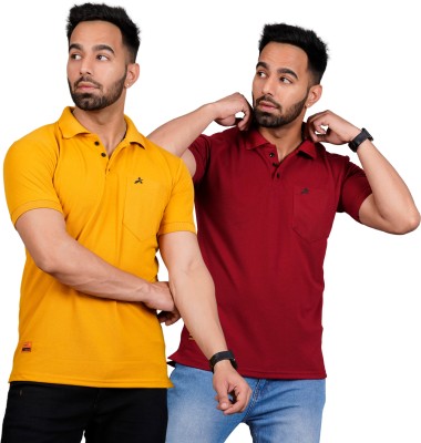 addiz Self Design Men Polo Neck Yellow, Maroon T-Shirt