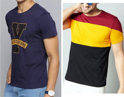 Pachirisu Printed Women Round Neck Navy Blue, Yellow T-Shirt