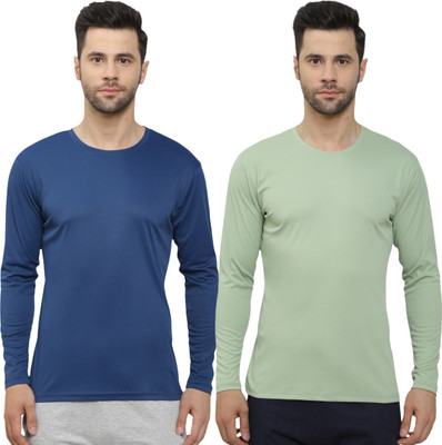 HouseOfCommon Solid Men Round Neck Light Green, Dark Blue T-Shirt
