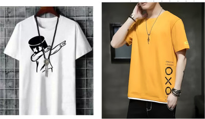 Jaqque Printed Men Round Neck White, Yellow T-Shirt