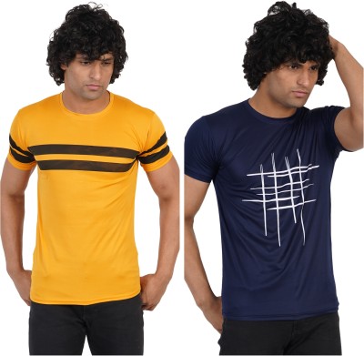 Jaqque Printed Men Round Neck Yellow, Dark Blue T-Shirt